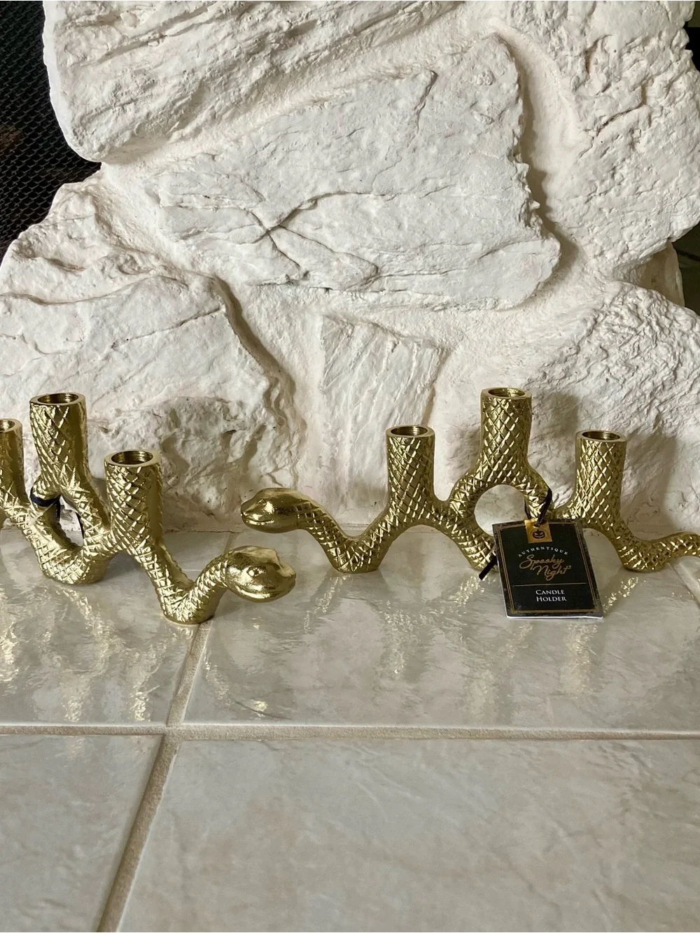 NWT Gold toned metal textured snake taper candle holders